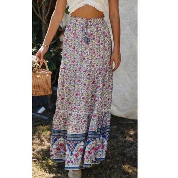 013 Boho Blue Floral Print Ruffle Maxi Skirt Gypsy - Picture 2 of 11